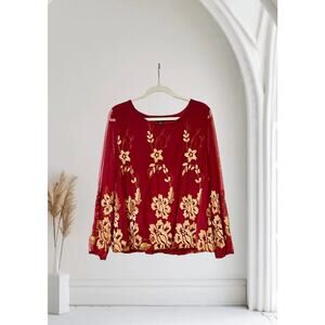 ALFANI PETITES Red Sheer Poet Sleeve Floral Blouse  Size Large